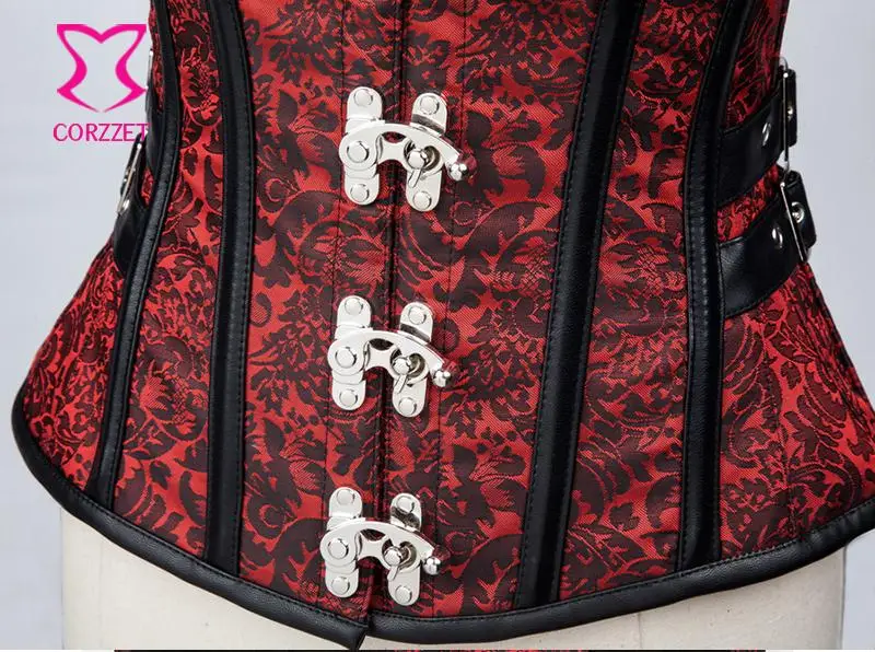 Красная/черная парча в стиле Панк Rave бюстье сексуальные корсеты и готический