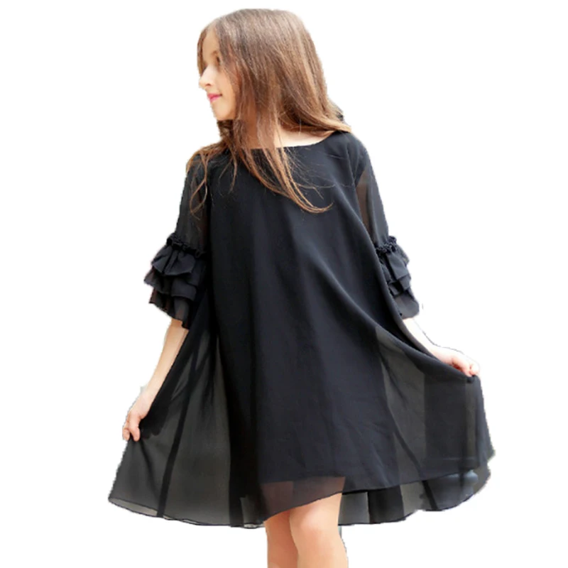 Big Size Fashion Girls Dress Summer Flare Sleeve Chiffon Kids Teenager Vestidos Black Girl 6 - 15 years | Детская одежда и обувь