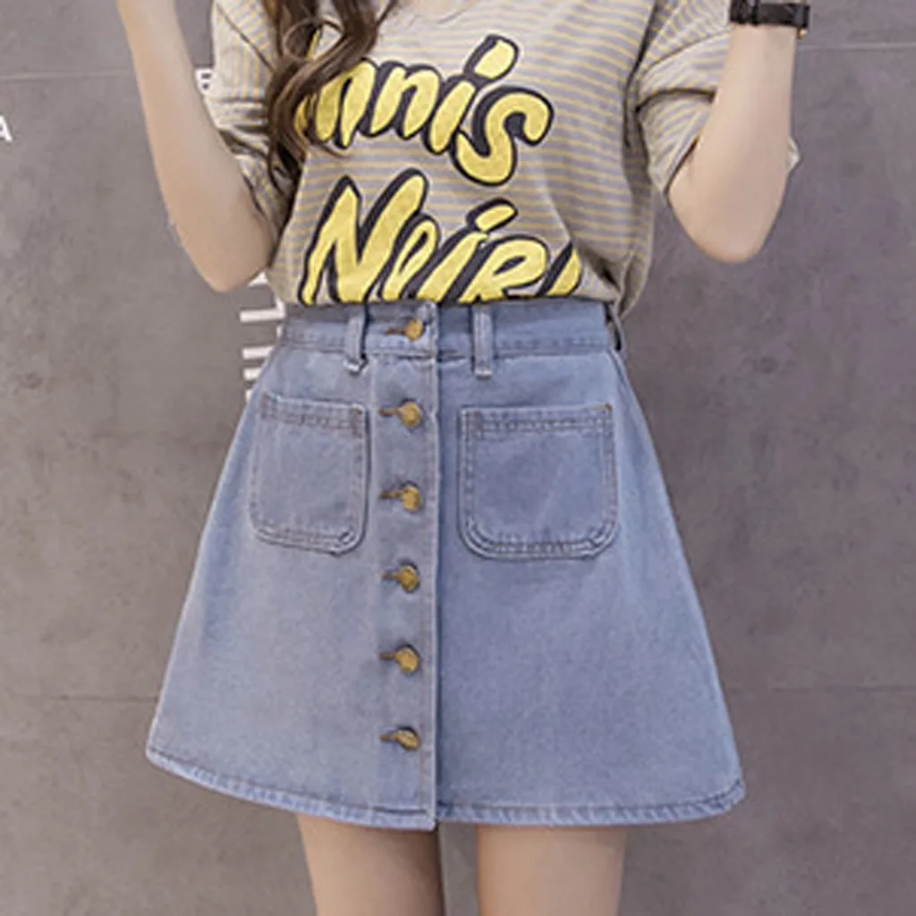 Fashion Women Leisure Denim A-Shaped Skirt Loose Button Pocket Short Skirt