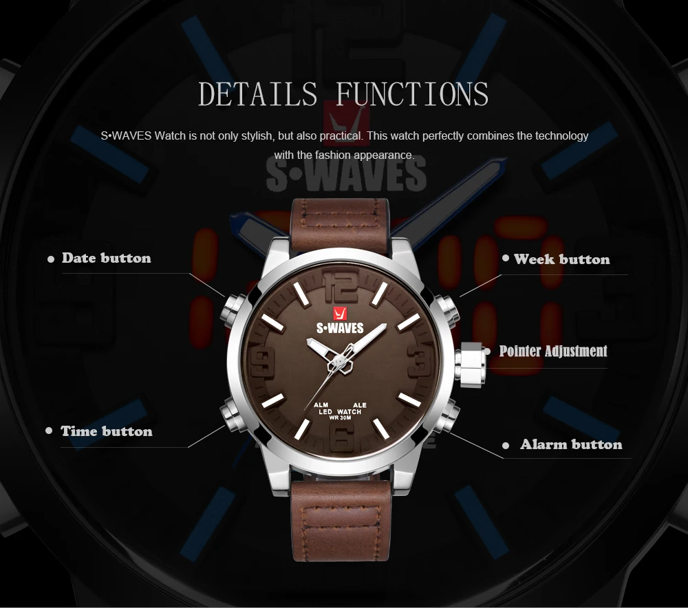 Часы SWAVES спортивные повседневные мужские кварцевые светодиодные цифровые