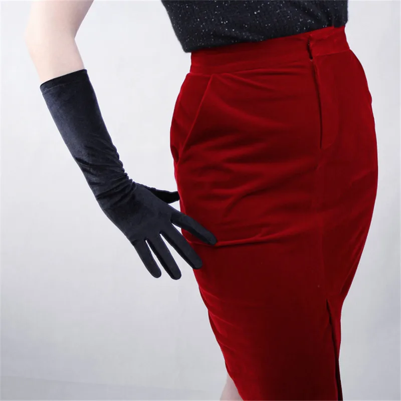 

Black Silvery Velvet Gloves Female 40cm Long Vintage Evening vestido Elasticity Fashion Elegant Women Mittens For Party TB24