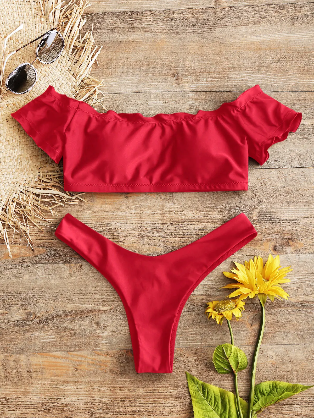 Red Bikini ZAFUL, купальник, бикини, для женщин, с отделкой салата, с высоким вырезом, бикини, с открытыми плечами, купальный костюм, без бретелек, купальник, стринги, бикини, набор, пляжная одежда - Цвет: Red Bikini