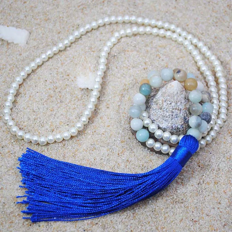 Yumfeel Brand New Long Beaded Tassel Necklace 18 Colors Natural Stone Necklace Women Jewelry Gifts Beach Crystal Quartz - Окраска металла: Amaznoite
