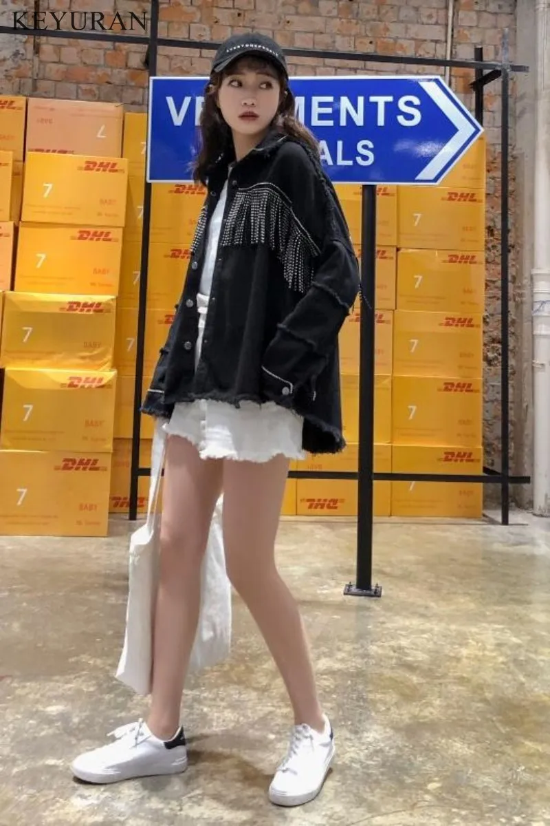 Женские джинсы на кнопках черная Повседневная куртка с отложным воротником и