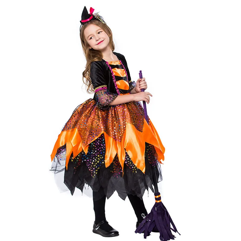 S-XL Girls Halloween Sorceress Costume for Children kids Magician Witch Cosplay Carnival Purim stage show Masquerade party dress |