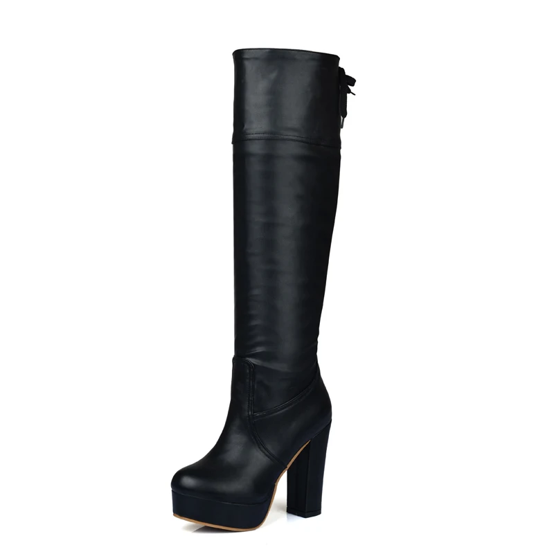 

Spring Autumn Women Platform Knee High Boots Square High Heel Lacing Fashion Boots Winter Ladies Shoes Black Brown