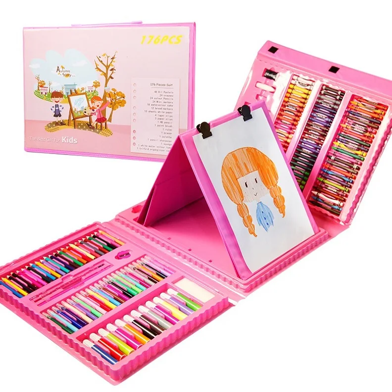 Pink 176 шт./компл. детский набор для рисования Рисование инструмент кисть начальной воды Цвет ручка для рисования Обучающие с мольберт - Цвет: Pink