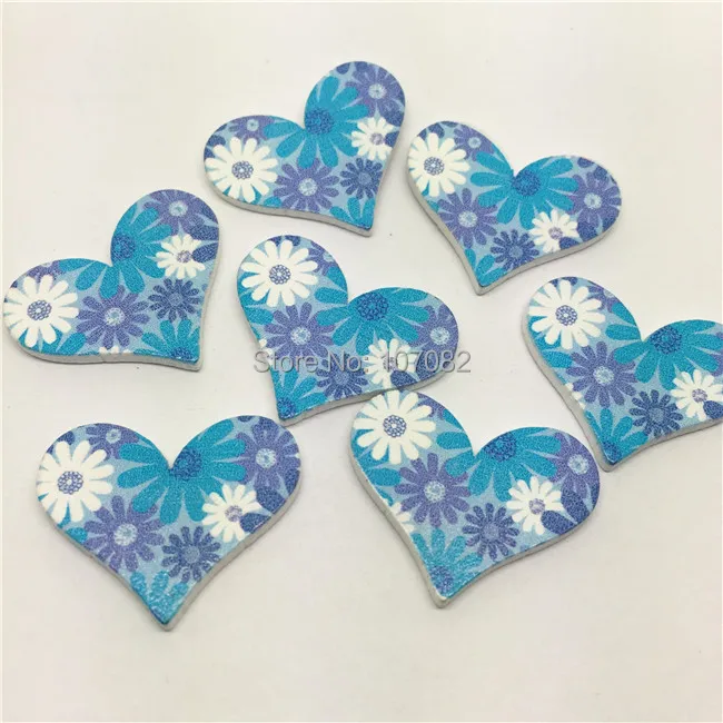 

50pcs 23x30mm Heart Wood Embellishments Chips Blue Florals Wooden Wedding Crafts Cardmaking Scrapbooking