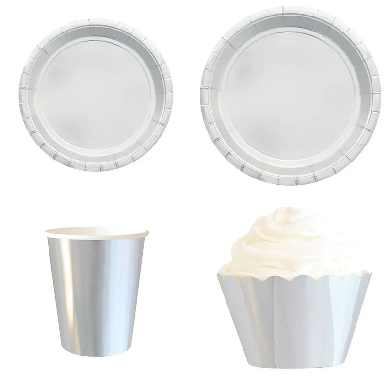 32pcs silver set Золотые серебряные фольга новогодние вечерние принадлежности одноразовые бумажные тарелки чашки стакан с соломинкой обертки для пирожных подставка для десерта и кексов картон - Цвет: 32pcs silver set