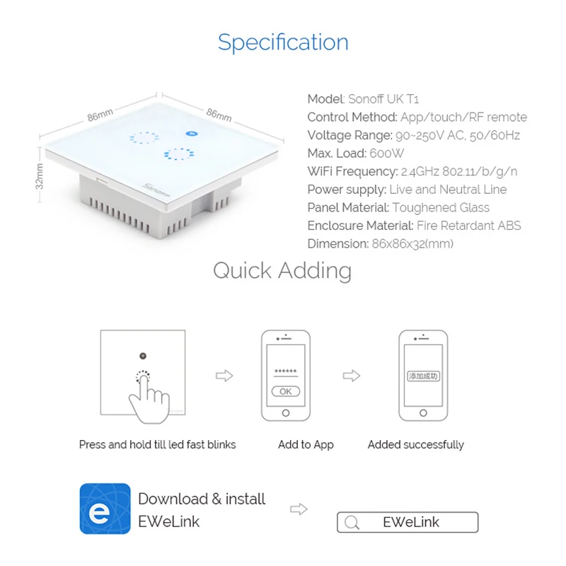 Sonoff T1 ЕС умный Wifi настенный сенсорный светильник-переключатель 1 комплект 2 банда сенсорный/WiFi/433 RF/APP пульт дистанционного управления Умный дом работа с Alexa