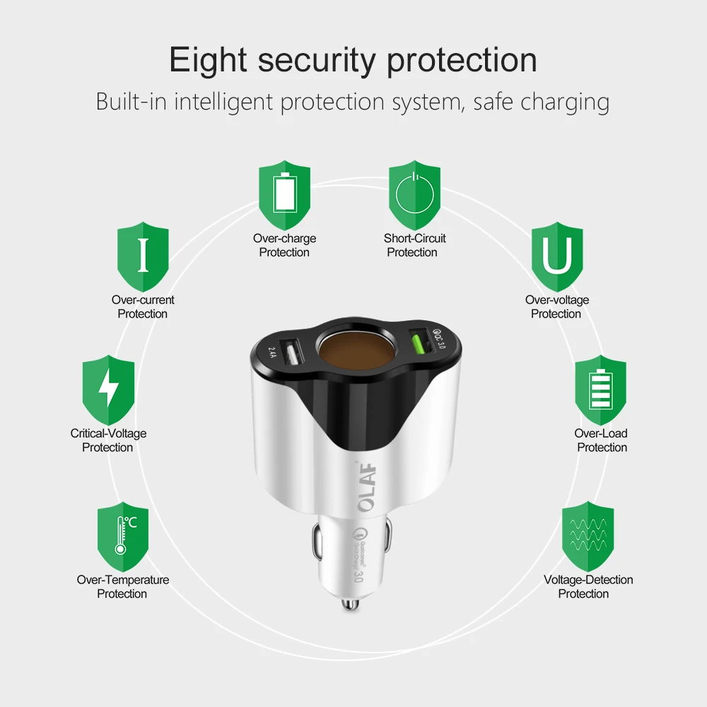 Олаф автомобильное зарядное устройство Quick Charge 3,0 с гнездом прикуривателя Автомобильное двойное USB зарядное устройство для iPhone 8 7 6 samsung S8 Xiaomi gps DVR