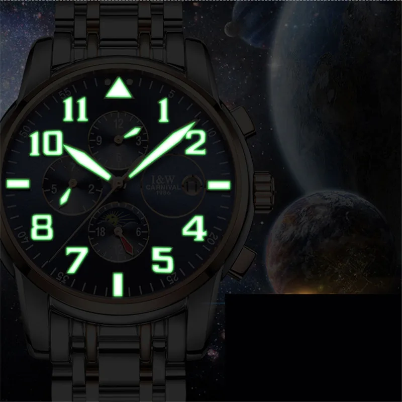 Роскошные Мужские автоматические механические часы Carnival Moon Phase светящиеся из