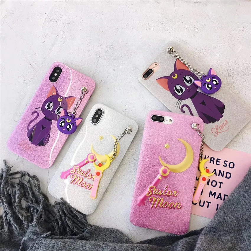 Чехол из ТПУ для iphone x/10, мягкий чехол с изображением Луны, волшебной палочки, блестящая задняя крышка, чехол для iphone 8, 7, 6, 6s plus, прозрачный чехол с кошкой и подвеской