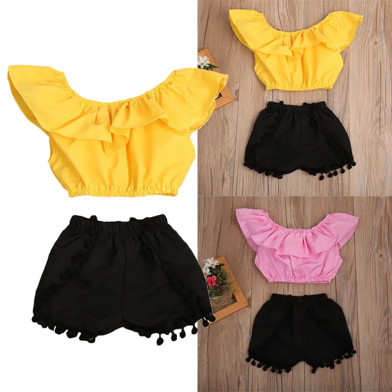 Топ с оборками и открытыми плечами для маленьких девочек 2 шт. + шорты бахромой