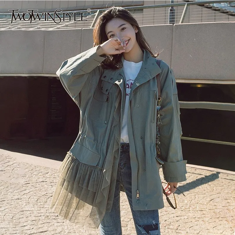 TWOTWINSTYLE Patchwork Mesh Windbreaker Coats Women Long Sleeve Trench Coat Female Casual Tops 2018 Autumn Big Sizes New | Женская