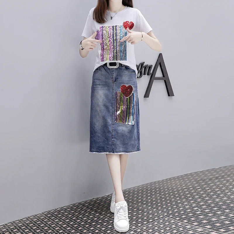 

summer 2018 new Korean fashion sequins short-sleeved sweatshirt denim skirt two-piece clothing set jean skirts suits student