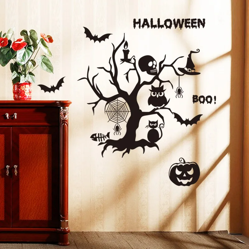 Счастливый Хэллоуин привидениями дома наклейки на стену паук Скелет Тыква Кот