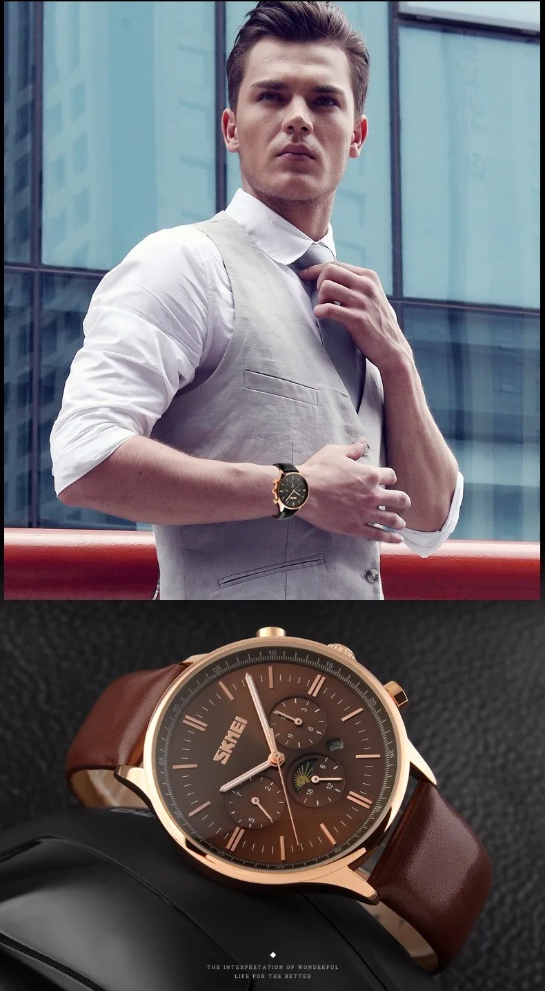 Фирменная новинка Мужские кварцевые часы Moon Phase Модные Аналоговые водостойкие наручные часы для делового мужчины кожа часы SKMEI 9117
