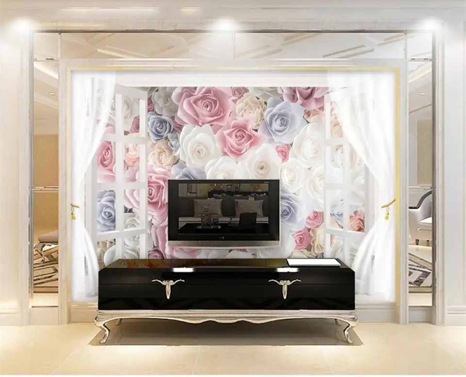 3d обои фотообои на заказ Размер Фреска гостиная из розы картины имитация окон