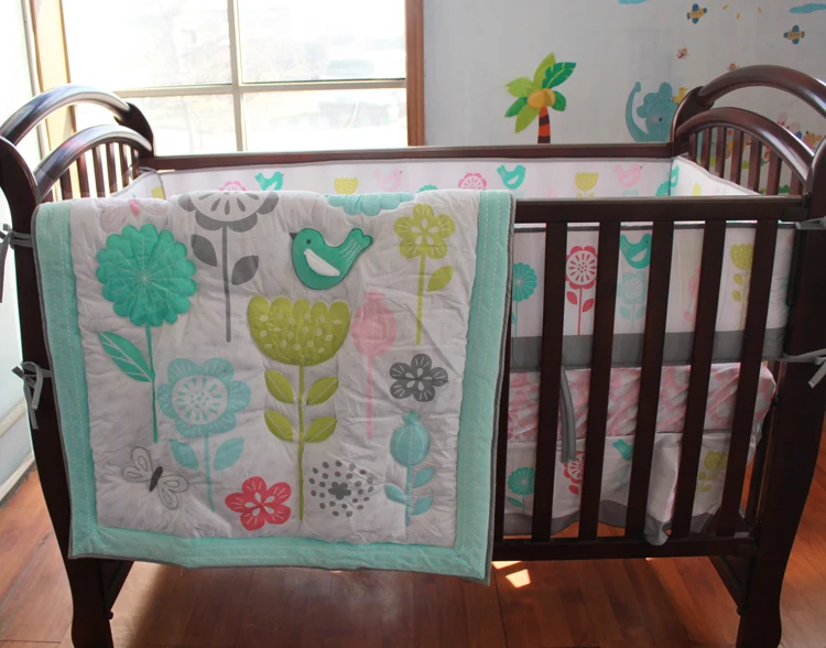 

7pcs Embroidery Baby Bedding Sets Soft Washable Cot Bed Bumpers Cotton Print,include(4bumpers+duvet+bed cover+bed skirt)