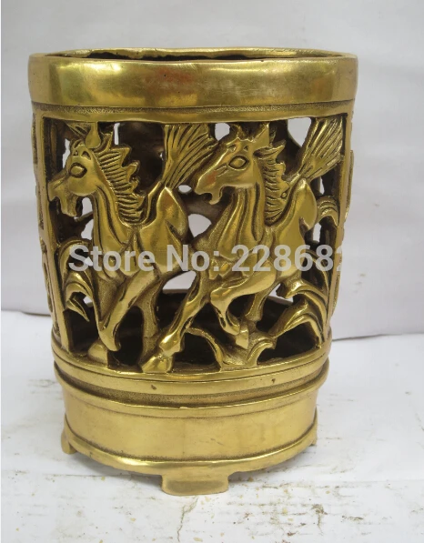 Коллекционный китайский латунный резной ажурный держатель для ручек с 4 лошадьми