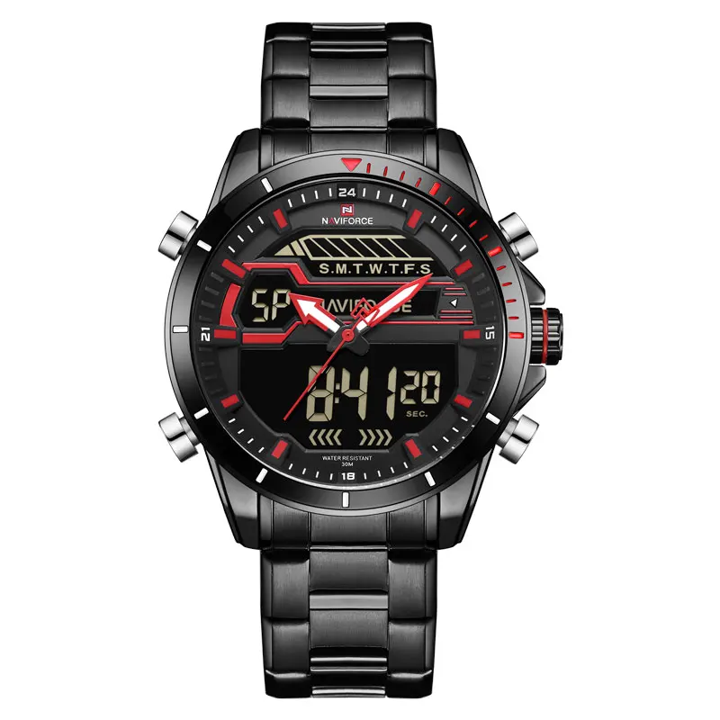 Red Бренд NAVIFORCE, мужские спортивные часы, водонепроницаемые, хронограф, светодиодный, цифровые, аналоговые часы для мужчин, s Сталь, кварцевые часы, Relogio Masculino - Цвет: Red