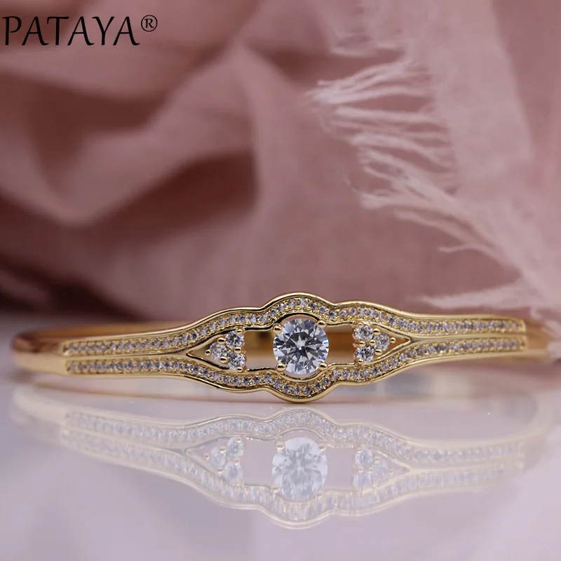 PATAYA Новые Роскошные полые браслеты микро-воск инкрустация круглый натуральный циркон модные ювелирные изделия 585 розовое золото Свадебный благородный тонкий браслет