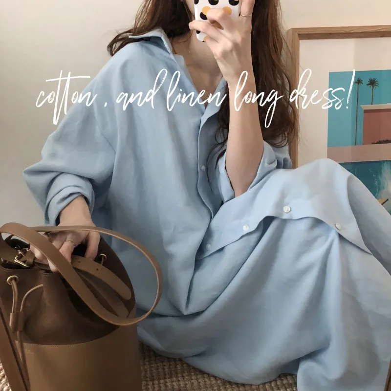 Женское длинное Хлопковое платье рубашка повседневное свободное с отложным