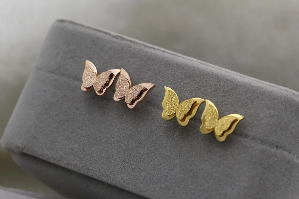 2018 Fashion Brand Love Cute Insect Dull Polish Butterfly Stud Earrings Stainless Steel Rose Gold Color Women Party Gift | Украшения и