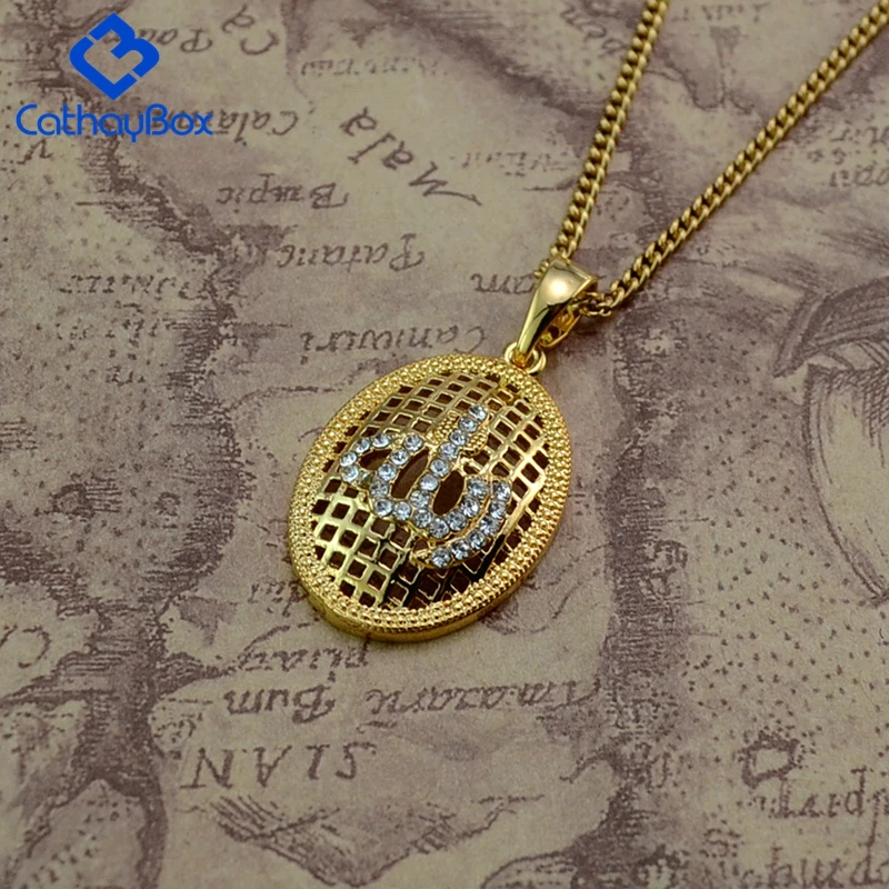 18KGP Golden Tone Islamic God Allah Oval CZ Charm Pendant Necklace W/ Curb Chain For Muslim | Украшения и аксессуары