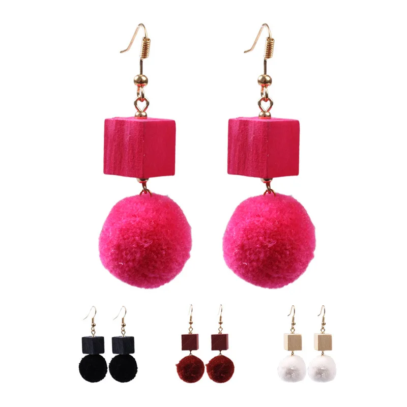 Новый Дизайн квадратный деревянный Цветной помпоном Серьги падение pom плюшевый