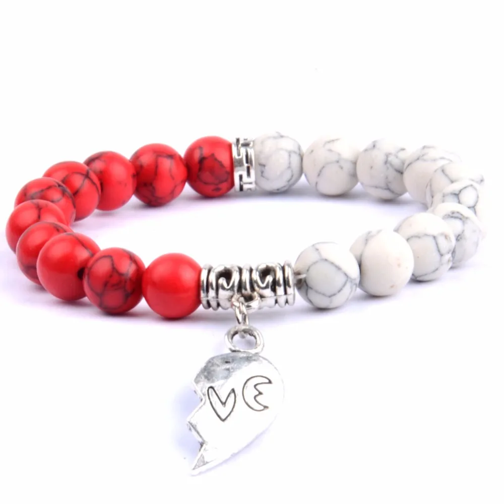 Браслеты Trendy Lover для пар, синтетические, белые/красные, бусины из турмалинового камня, сердечная подвеска для женщин и мужчин, ювелирные изделия.