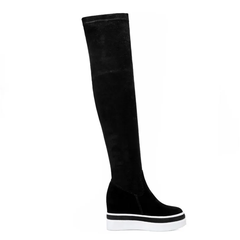 Длинные кроссовки женский, черный натуральная кожа эластичный стрейч из натуральной кожи на высоком каблуке, сапоги до колена, на танкетке, на платформе; туфли на шпильке "панк" с толстой мягкой подошвой