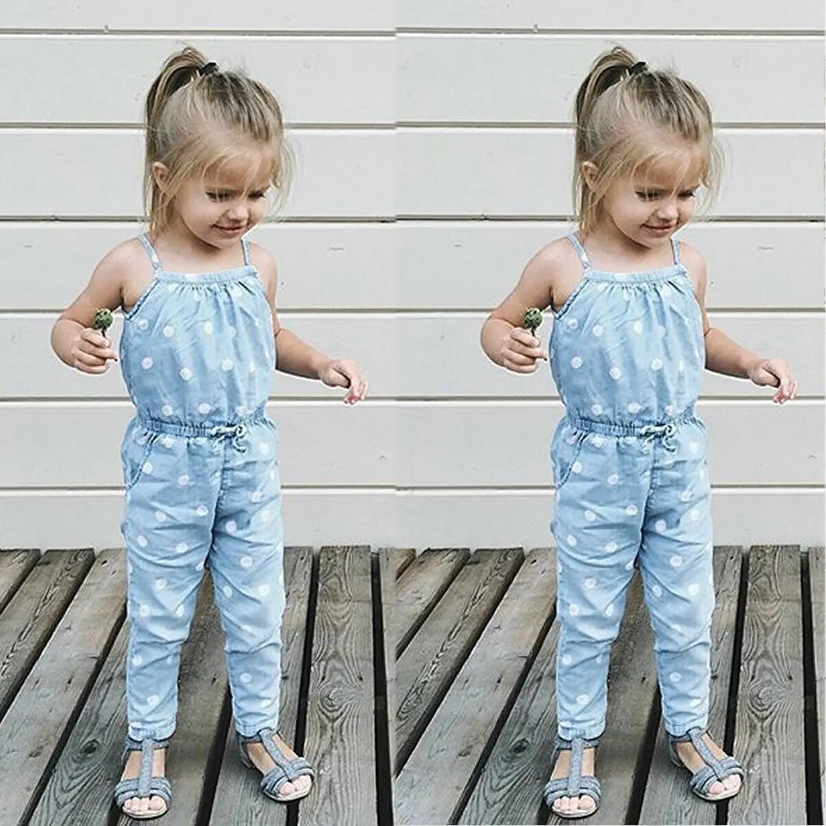Детский джинсовый комбинезон pudcoco летний хлопковый в горошек с открытыми плечами
