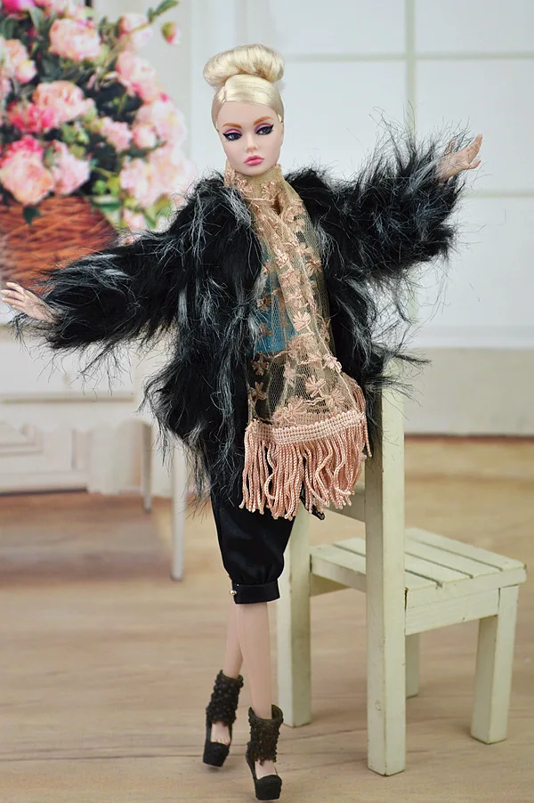 Оригинальная черная зимняя одежда/плюшевое пальто синий топ укороченные брюки