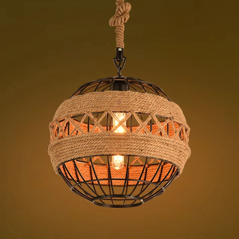 

Loft Retro Edison Industrial Hemp Rope Iron Round Ball Pendant Lamp Vintage Cafe Bar Coffee Shop Store Dining Room Droplight