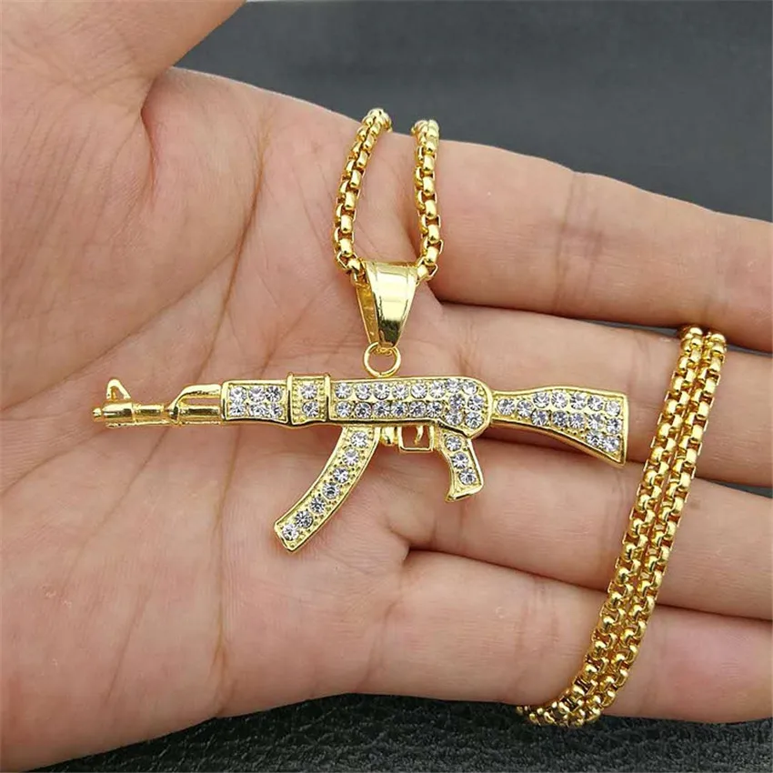 European Style Gun Pendant Necklace 4 Size Hip Hop Chain Men Women Jewelry Gold Color Stainless Steel bijoux AK47 Necklace