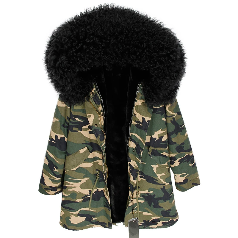 camouflage black Натуральное меховое пальто OFBUT зимняя куртка женская длинная парка натуральный монгольский овечий меховой капюшон, воротник Толстая теплая уличная Фирменная Новинка - Цвет: camouflage black