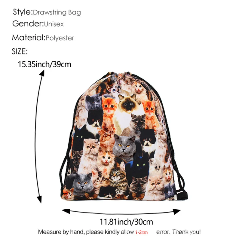 JLIDA животные Кошка 3D печать Drawstring Спортивный Рюкзак для девочек Органайзер