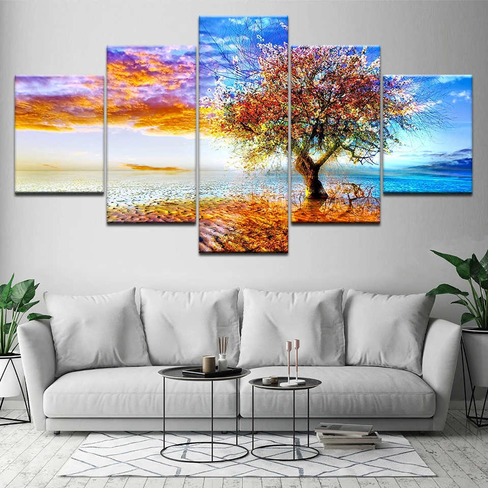 5 панельных панелей закат дерево пейзаж домашнее искусство живопись принты на