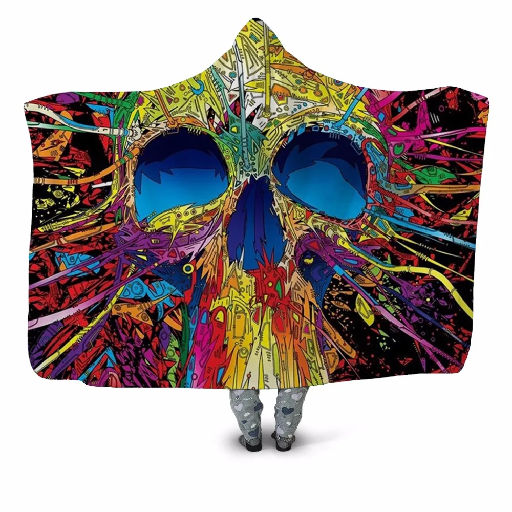 

Colorful Skull Print 3D Printed Plush Hooded Blanket for Adult Children Warm Wearable Fleece Throw Blanket Home Office Washable