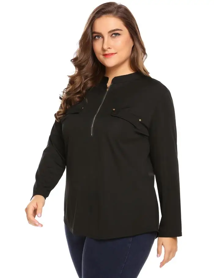 IN'VOLAND, большие размеры, XL-5XL, женская блузка, Blusas, топы, весна-осень, стоячий воротник, длинный рукав, на молнии, большие пуловеры размера плюс