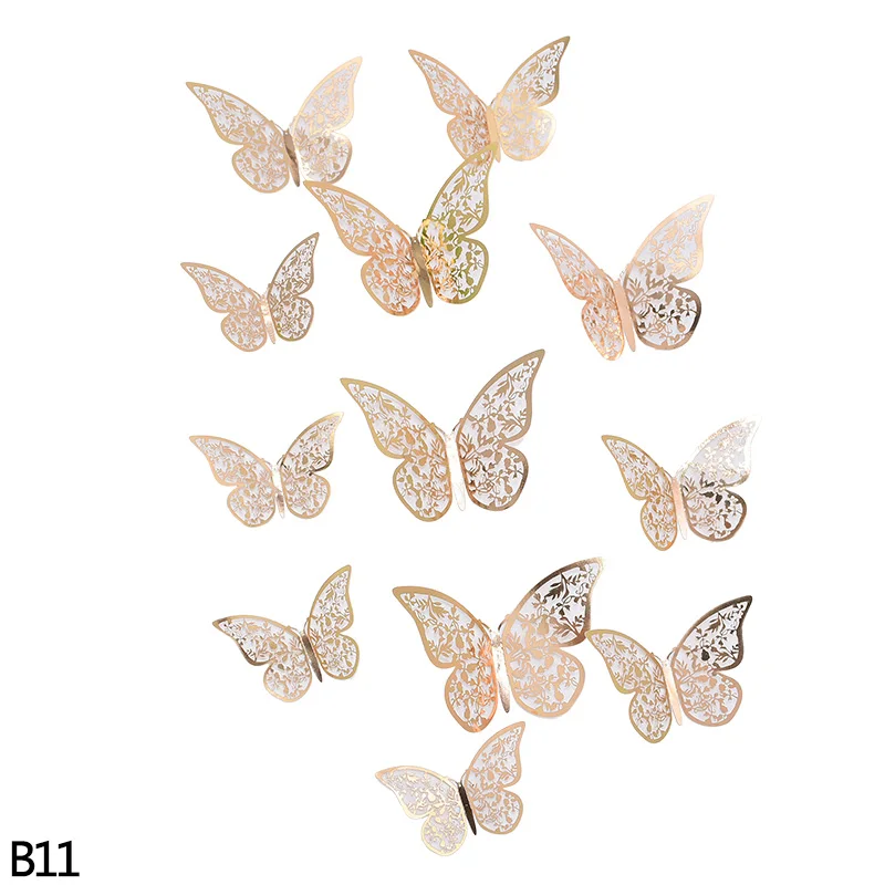 B11-12Pcs 12 шт. красивые розовые золотые серебряные 3D полые бабочки настенные Стикеры для свадьбы, дня рождения, вечеринки, дома, детской комнаты, декоративные настенные наклейки - Цвет: B11-12Pcs