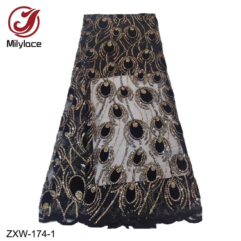 Бархат кружево черного цвета ткань с пайетками вышитая кружевная нигерийские