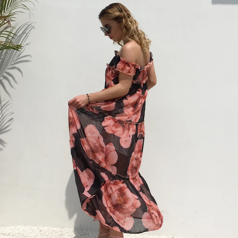 Лето 2019 красное платье с цветочным принтом цельное воротником Пляжное