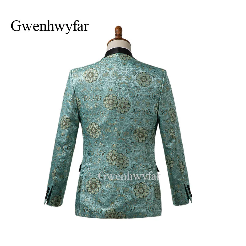 Gwenhwyfar/осенние новые высококачественные жаккардовые костюмы с цветком лотоса для мужчин, мятно-зеленые смокинги для жениха на одной пуговице, мужские свадебные костюмы, комплекты