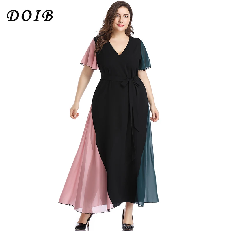 

DOIB Plus Size Chiffon Dresses Contrast Patchwork Color Maxi Ruffle Short Sleeve Lace Up Sashes Long Dress XL 2XL 3XL 4XL 5XL