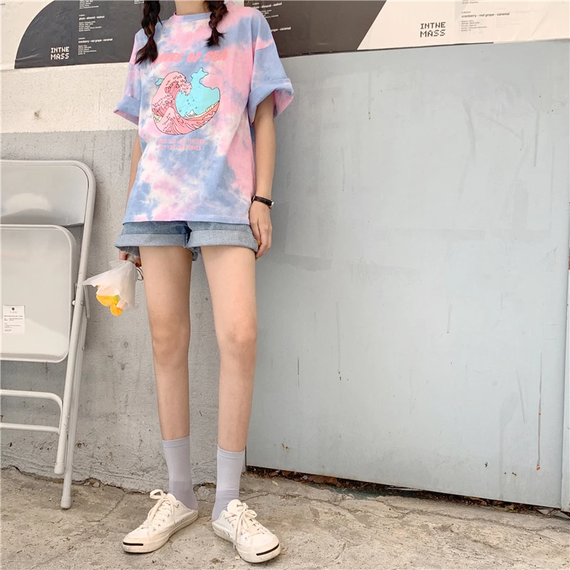 Woherb, Harajuku, футболка с принтом Tie Dye, повседневные летние топы, женские футболки с принтом мультяшных букв, Женская Эстетическая одежда 22528