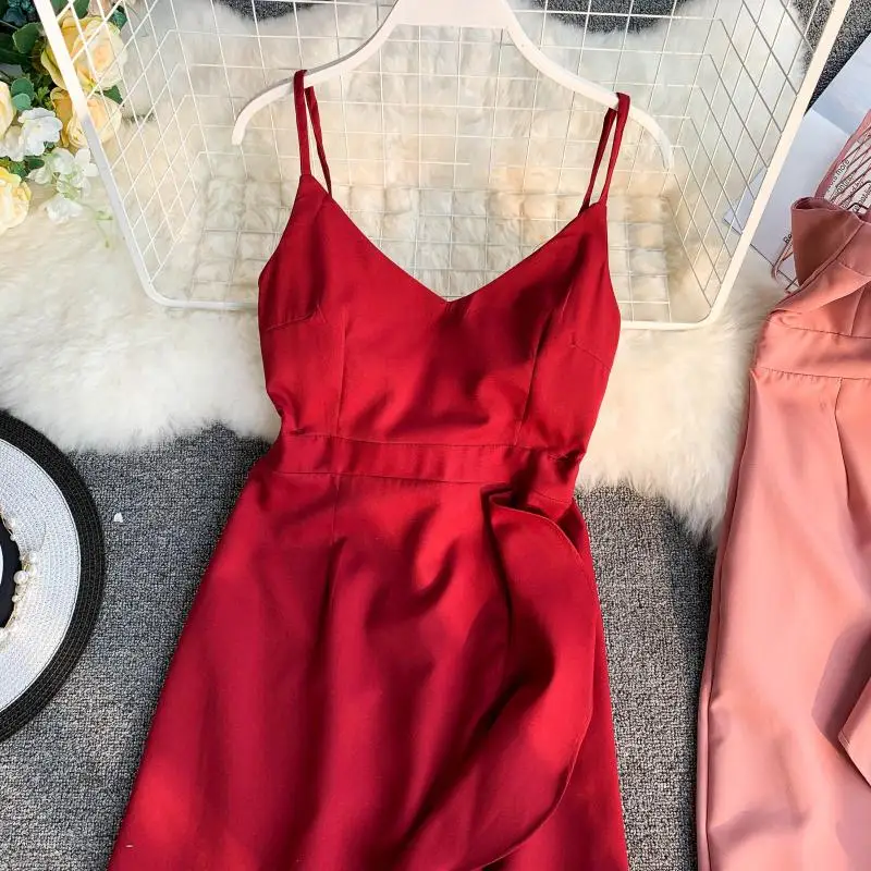 

Vintage solid color V-neck sleeveless halter high waist irregular ruffled midi dress 2019 new fashion women's adult clothing