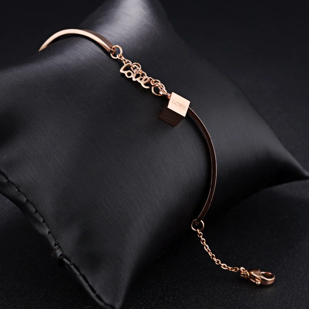 Fashion Stainless Steel Chain Bangles Bracelets For Women Love Letter &amp Cube Rose Gold Color Extended Charm Jewelry | Украшения и